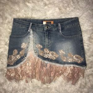 Denim lace pink mini skirt